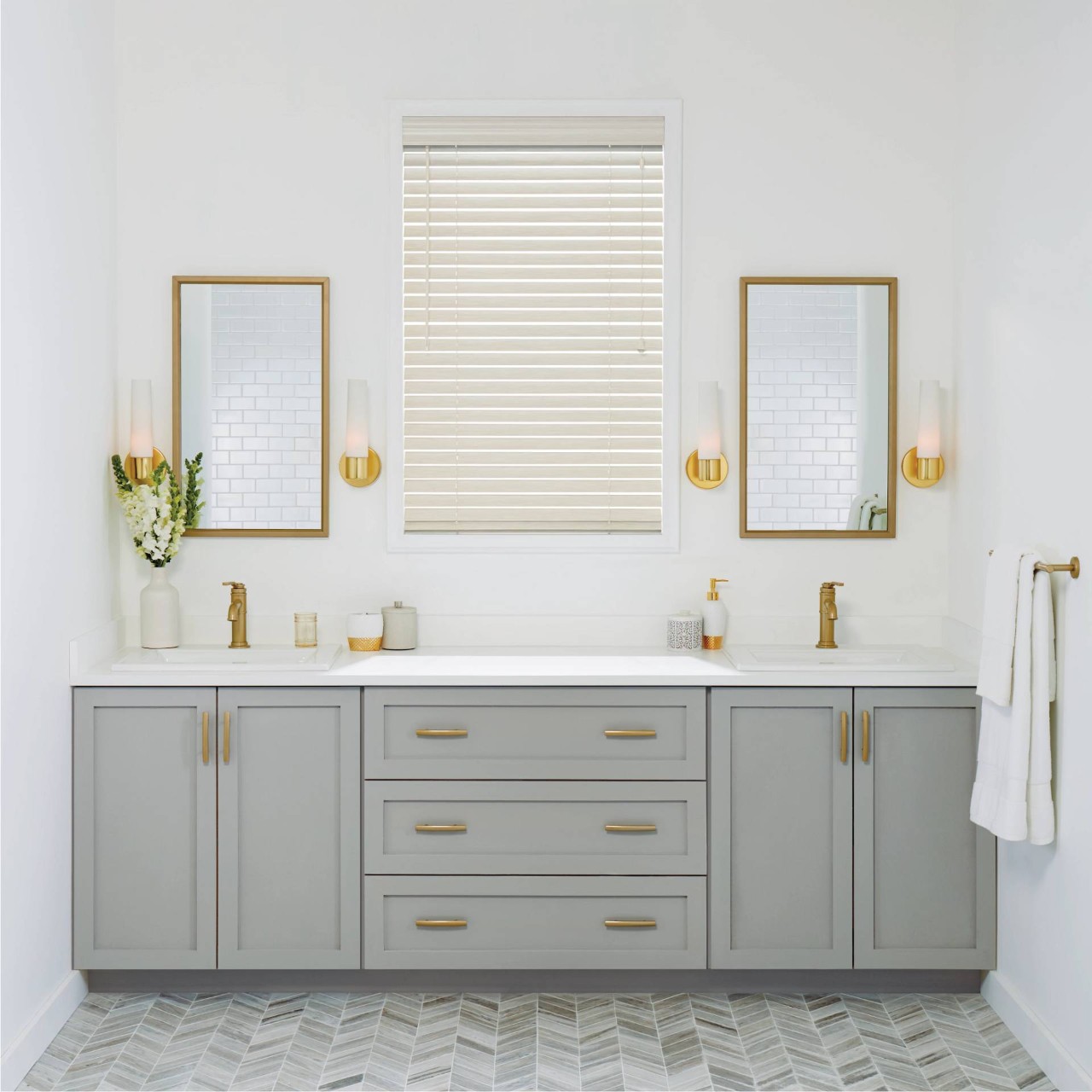 Hunter Douglas EverWood® Faux Wood Blinds decorating a dual vanity sink in a bathroom near Dallas, TX